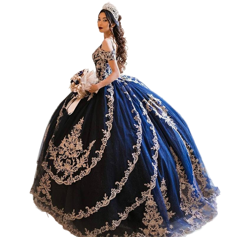 Vintage Princess Straps Quinceanera Dresses Wih Gold Appliques Navy Blue Formal Pageant Ball Gown Sweet 16 Dress Luxury 15 Prom Brithday Party Gowns F