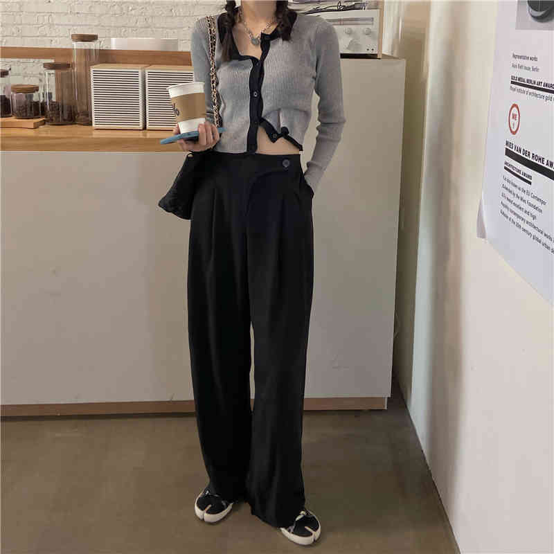Women's Loose Wide Leg Pants Autumn Spring Solid High Waist Side Button Long Trousers Female Office Lady Suit Straight Pant 210514