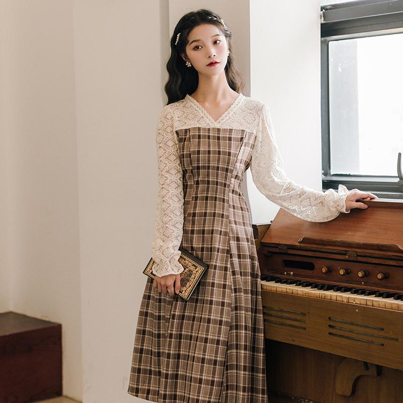 Fashion Women's Clothing Autumn Full Lace Mid-Calf Vintage Dresses Casual