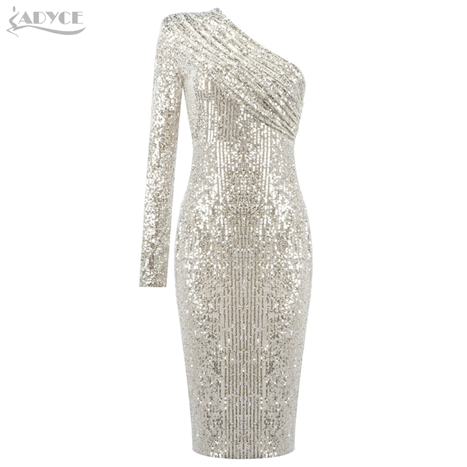 Summer Women Fashion One Shoulder Dress Sexy Long Sleeve Sequins Black Club Celebrity Runway Party Vestidos 210423