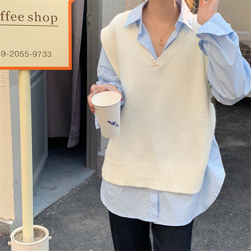 Spring Autumn Sleeveless OL Outwear Vest Sweater Women Tops Minimalist Elegant V-neck Loose Knitted Sweaters 210421