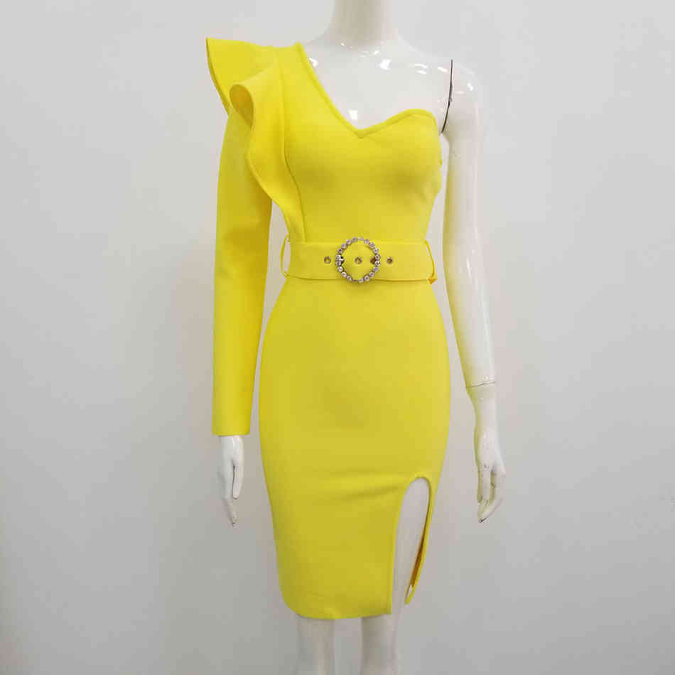 Free Sexy Yellow Bandage Dress Women One Shoulder Long Sleeve Ruffled Belt Bodycon Club Party Vestidos 210524