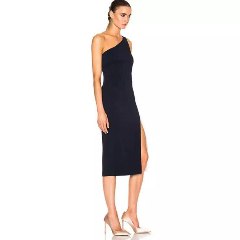 Women'S Stitching Bandage Dress Celebrity Party Sexy Bodycon One Shoulder Sleeveless Split Vestidos 210525