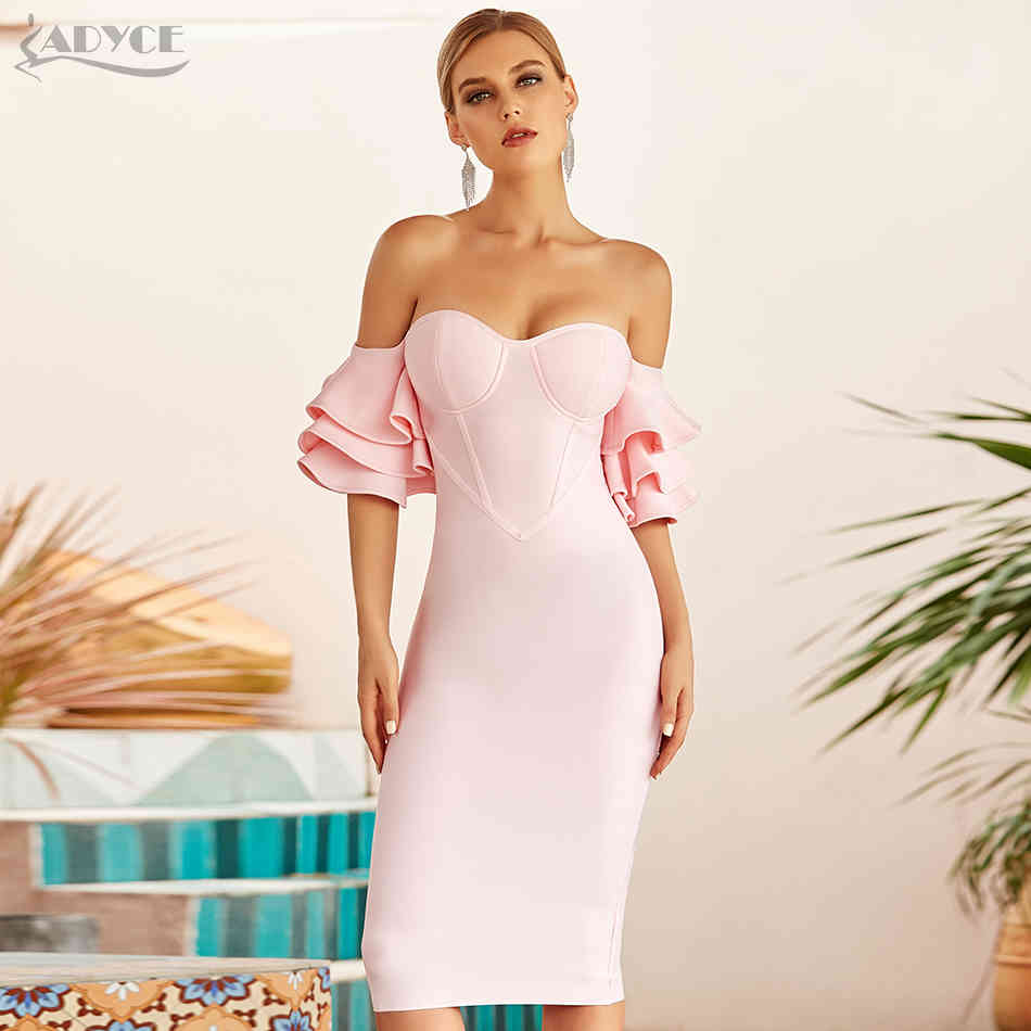Summer Women Pink Off Shoulder Bodycon Bandage Dress Sexy Butterfly Short Sleeve Celebrity Runway Party Dresses 210423