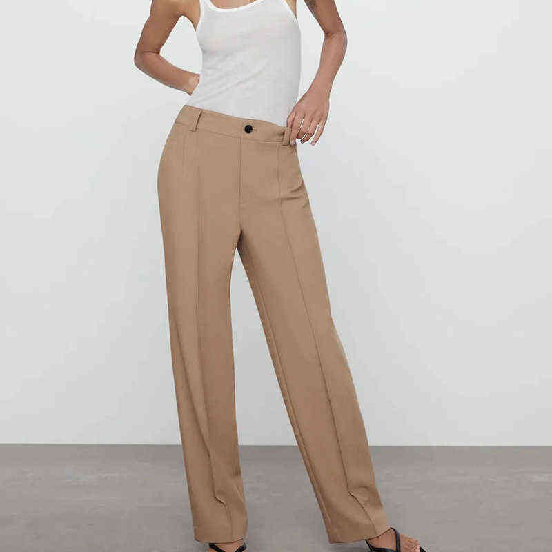 Women Straight Pants Long Chic Trousers Harajuku Office Wear High Waist Zipper Female Vintage Streetwear Wide Leg Trf 211115