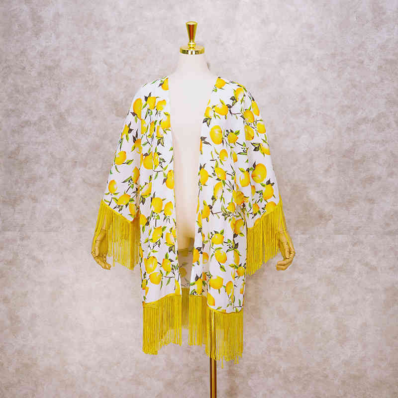 Boho Lemon Printed Fringed Chiffon Sexy Bikini Cover-ups Beach Wear Short Kimono Dress Women Summer Swimsuit Cover Up A801 210420