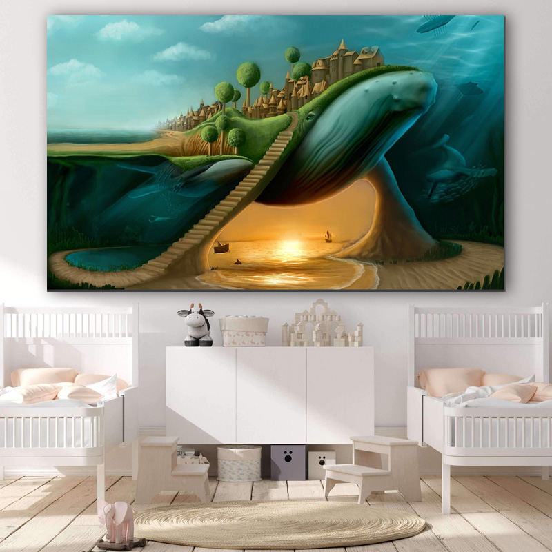 Hotselling Abstract Surrealism Whale And Castle Printed on Canvas Wall Art Picture Living Room Kid's Home Poster Cudros Decor