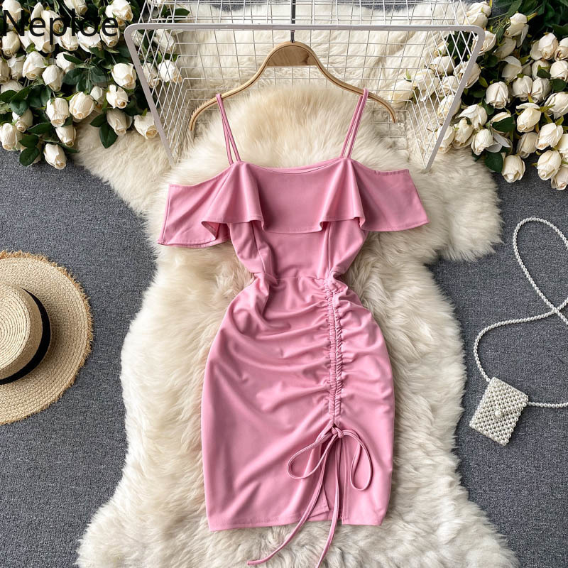 Neploe Off Shoulder Ruffle Mini Dress Women Summer Sexy Slash Neck Slim Waist Sling Dresses Bodycon Drawstring Vestidos 210422