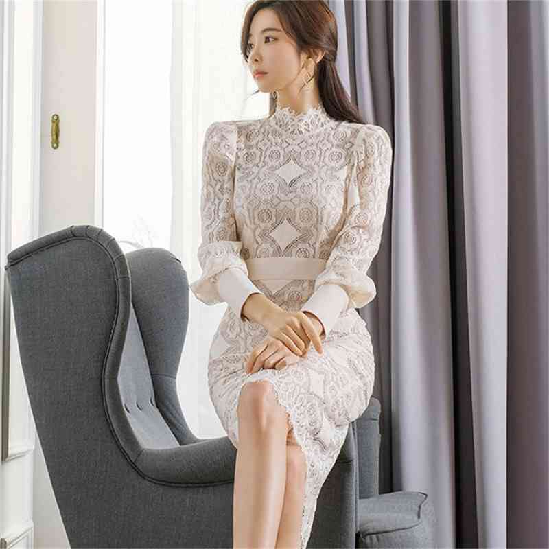 Korea Ladies white Lace Stand Neck Puff Long Sleeved High Waist Slim Pencil Bodycon Midi Sexy Full Party Dress 210519
