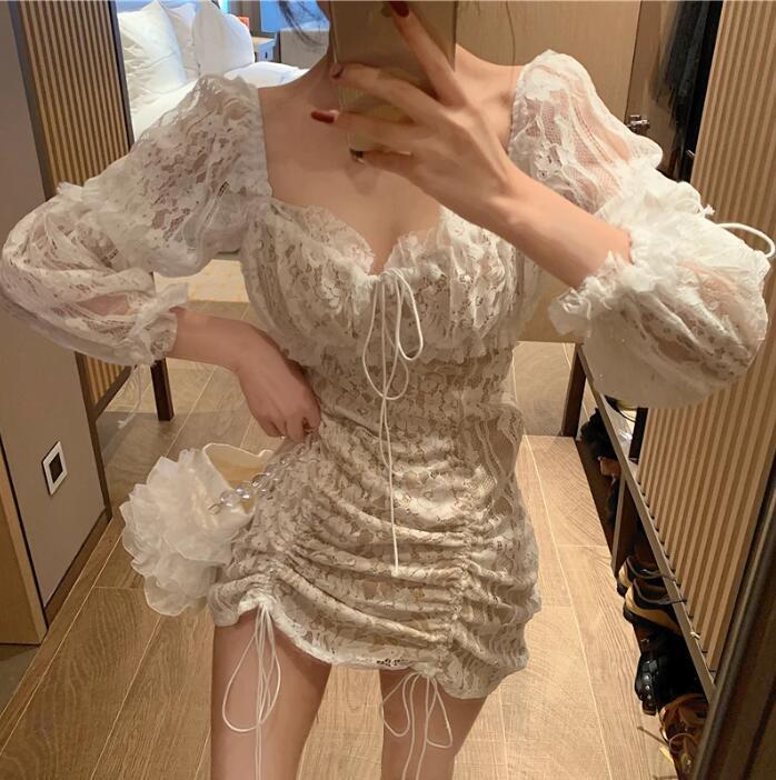 Retro Lacing Up Ruched Package hips Lace Short Dress White Women Sexy Strappy Draped Hem Long Leg sleeve Mesh Mini Dresses 210429