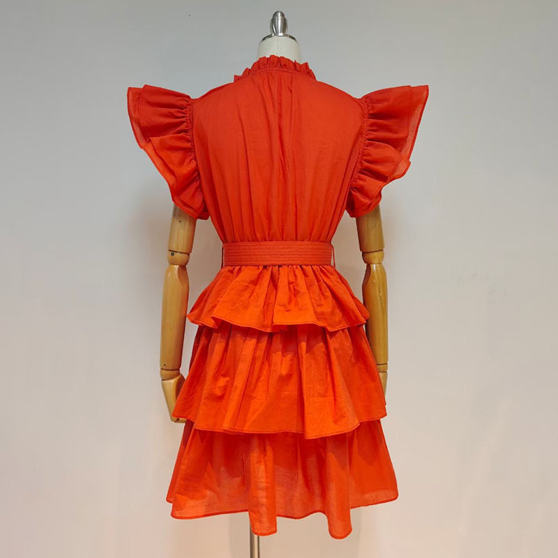 VGH White Casual Dress For Women Stand Collar Short Sleeve High Waist Lace Up Bowknot Patchwork Ruffle Mini Dresses Female 210421