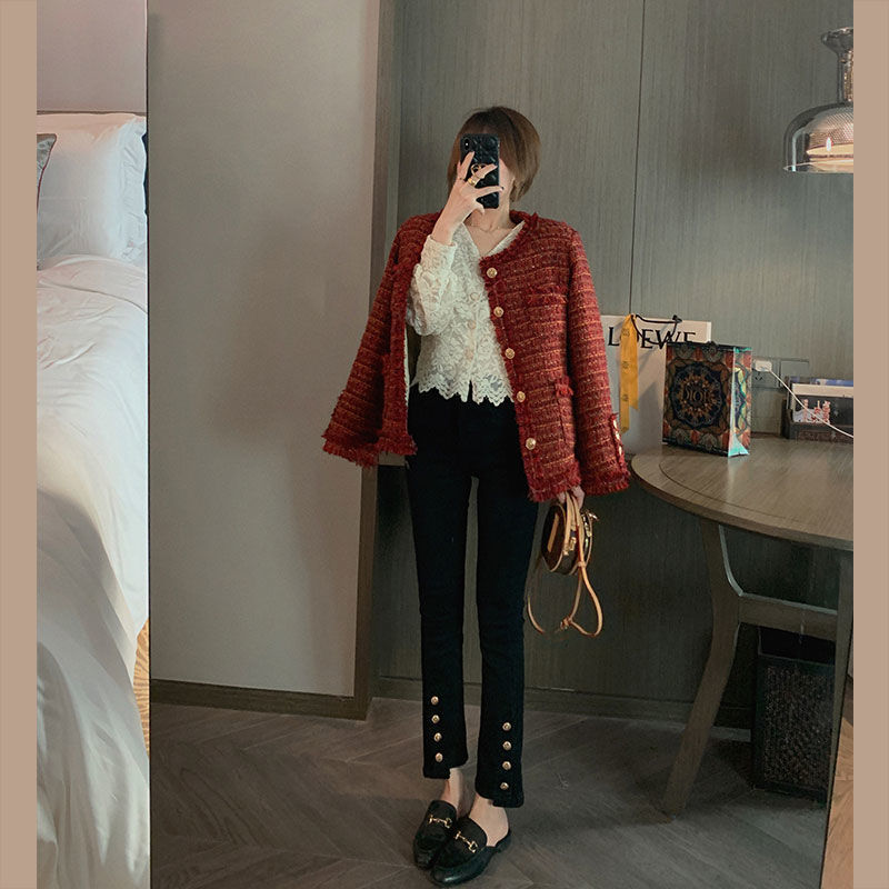 Kog350 Black Open Fork New Female Straight Loose In Ms High Waist Jeans Buttons Show Joker Micro Flared Trousers