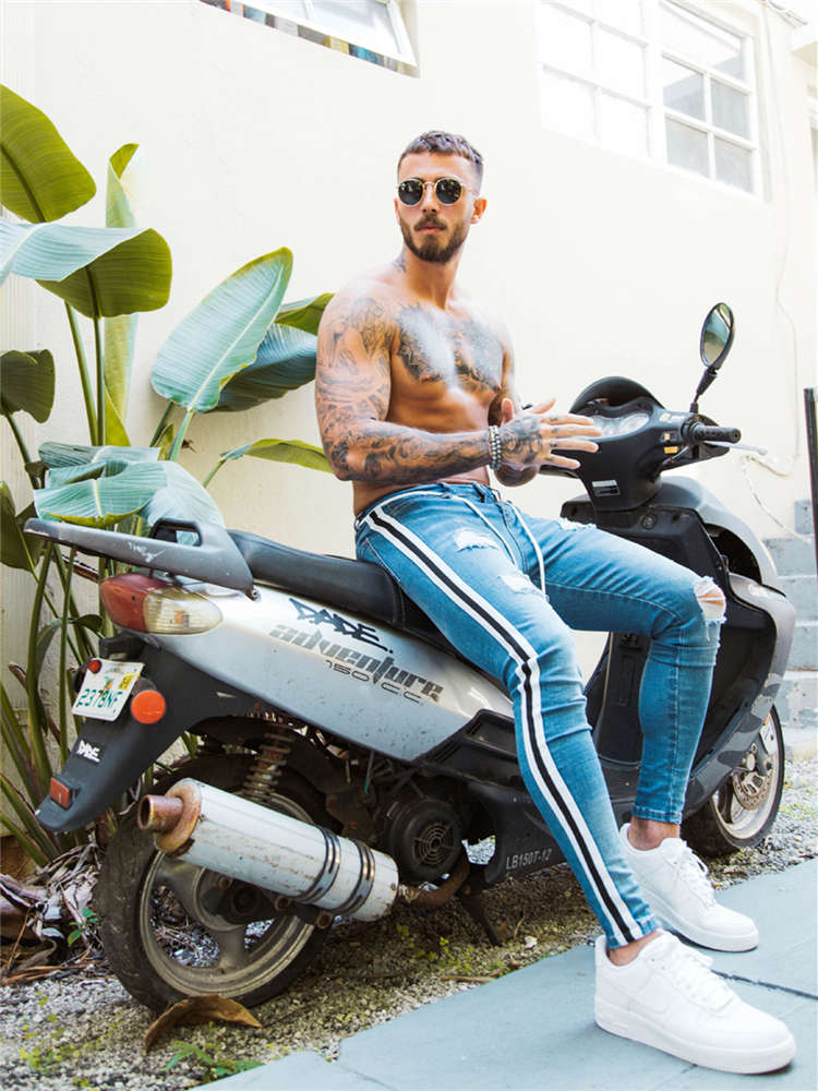 Tejanos Blancos Hombre Hole Mens White Jeans Slim Fit Side Stripe Biker Skinny Spijkerbroeken Heren Denim