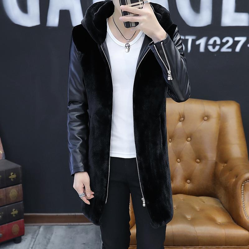 Mens Fur Faux Fashion Mens Leather Warm Long Coat Collar Outwear Black White Wint