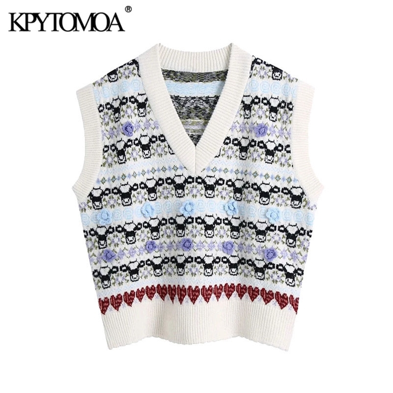 Women Fashion Floral Jacquard Loose Knitted Vest Sweater V Neck Sleeveless Female Waistcoat Chic Tops 210420