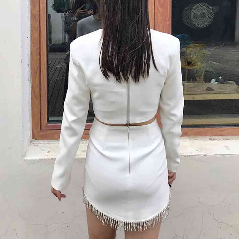 Free Fashion Women Set Sexy Diamond Tassel Long Sleeve Short Top & Mini Skirt Two-piece Party 210524