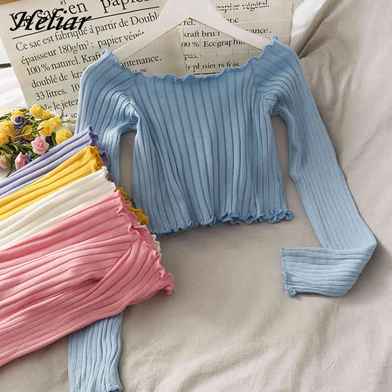 Off Shoulder knitted t shirt Tops women Pleat Sweet Casual Spring T-Shirt long Sleeve Stripe Slim Short All-Match 210518, Pink 
Off Shoulder knitted t shirt Tops women Pleat Sweet Casual Spring T-Shirt long Sleeve Stripe Slim Short All-Match 210518, Pink