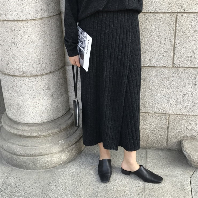 Minimalist OL Elegant Solid Split Long Skirts Elastic High Waist Slim Knitted Office Lady Female Women 210421
