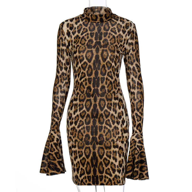 Women's Leopard Printed Mini Dress Spring O Neck Punk Fashion Slim Sexy Ladies Flare Long Sleeve Club Bodycon es 210522