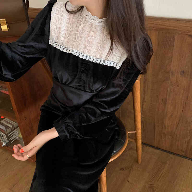 Neploe Maxi Dresses for Women Chic Stand Neck Lace Patchwork Vestidos Slim Waist Elegant Vintage Velvet Robe Dress Femme 4G322 210422