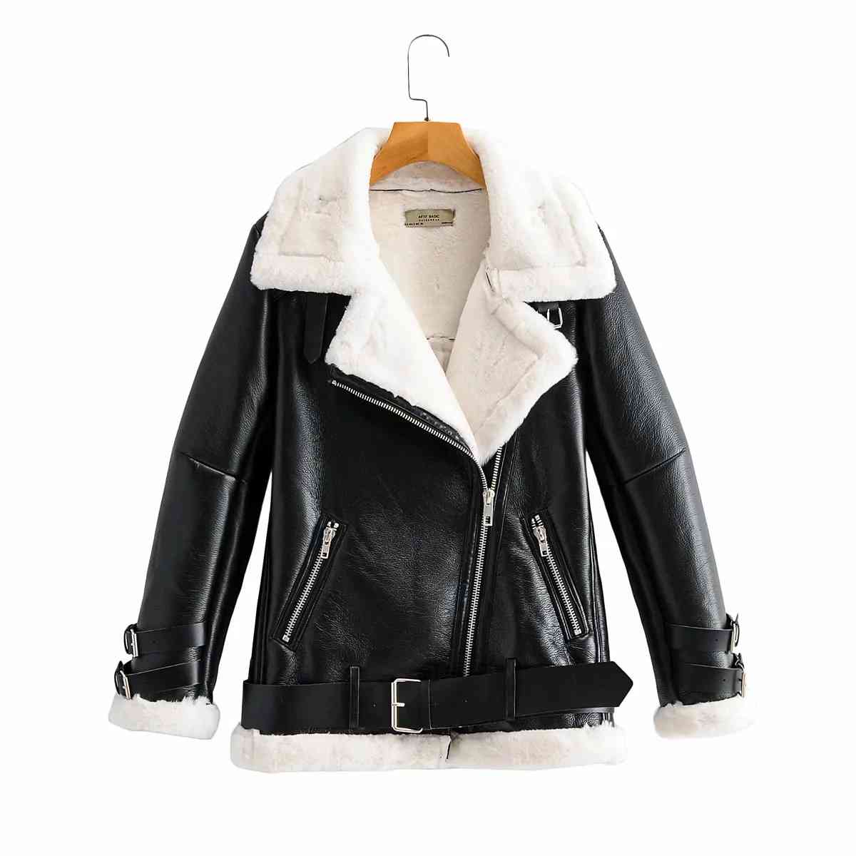 Winter fur collar PU Leather Jacket women winter coat Streetwear warm Motorcycle Coat ladies black white 210521