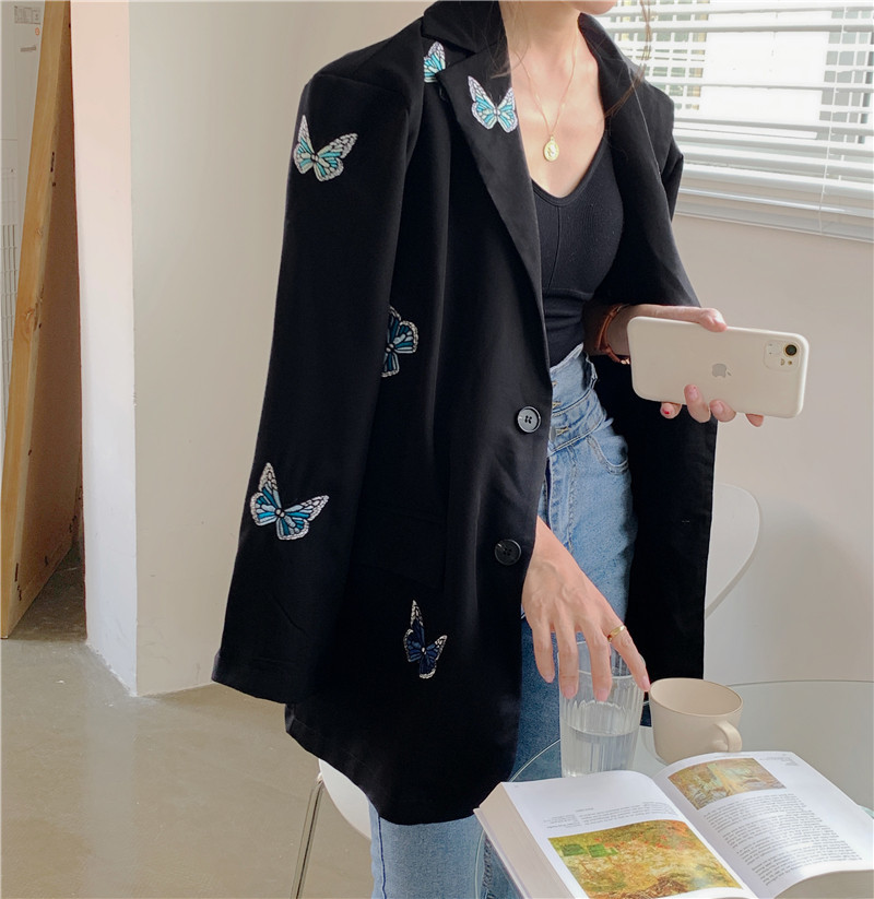 OL Fashion Single-breasted Butterfly Embroidery Blazer Coat Women Elegant Tops Notched Suit Jacket Loose Blazers 210421