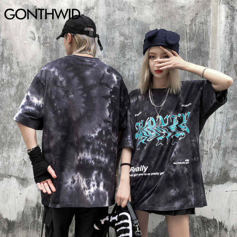 GONTHWID Creative Letters Print Tie Dye Streetwear Tshirts Men Hip Hop Harajuku Short Sleeve Tees Tops Summer Casual Shirts 210629