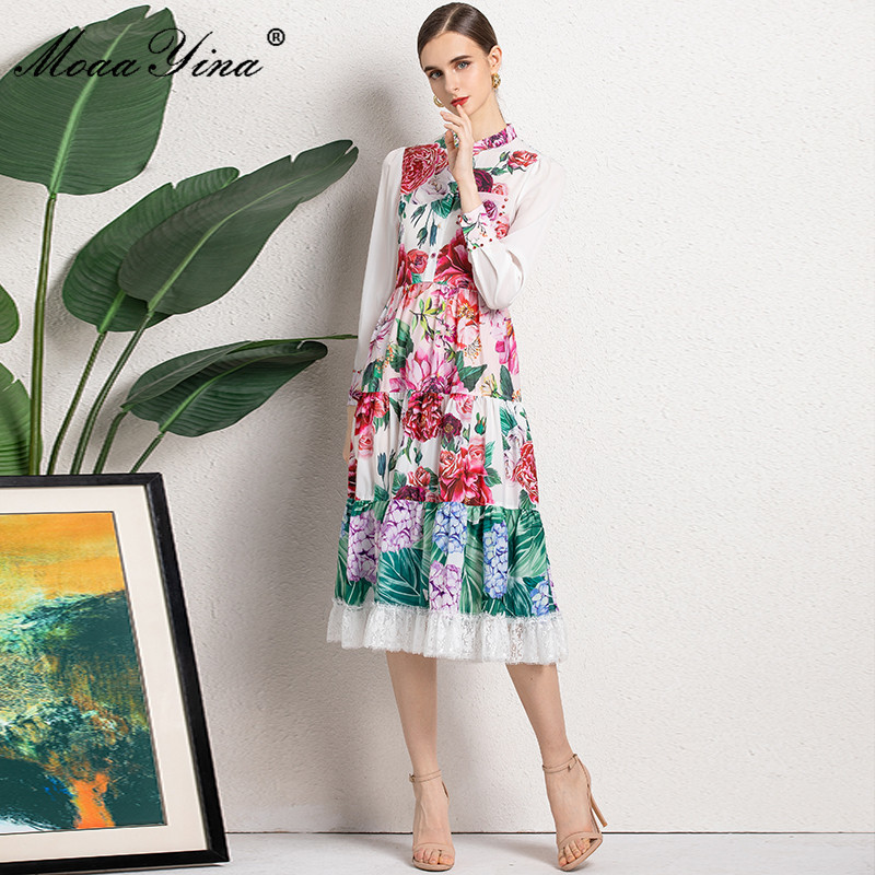 Fashion Runway Summer Dress Women Long sleeve Single-breasted Flower Print Lace Splicing Elegant Party Midi 210524