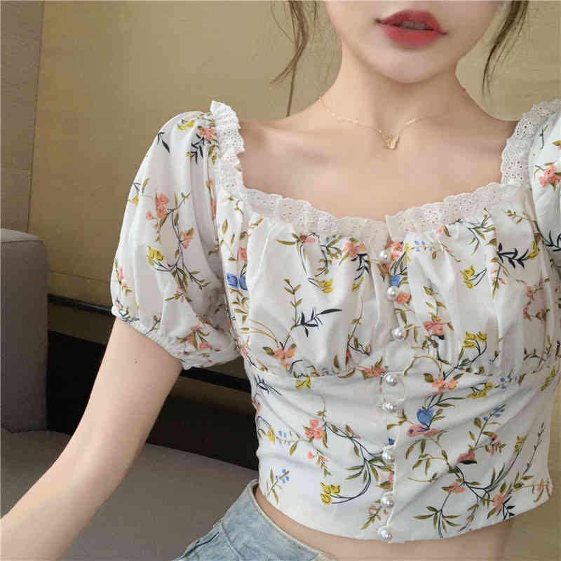 Summer Sexy Slash Neck Top Women Vintage Slim Lace Splicing Flowers Shirt Female Sweet Short Shirts 210518