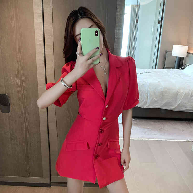 Sexy Hollow Out Waist Casual Dress For Women Retro Fashion Notched Puff Sleeve Mini Blazer Female 210519