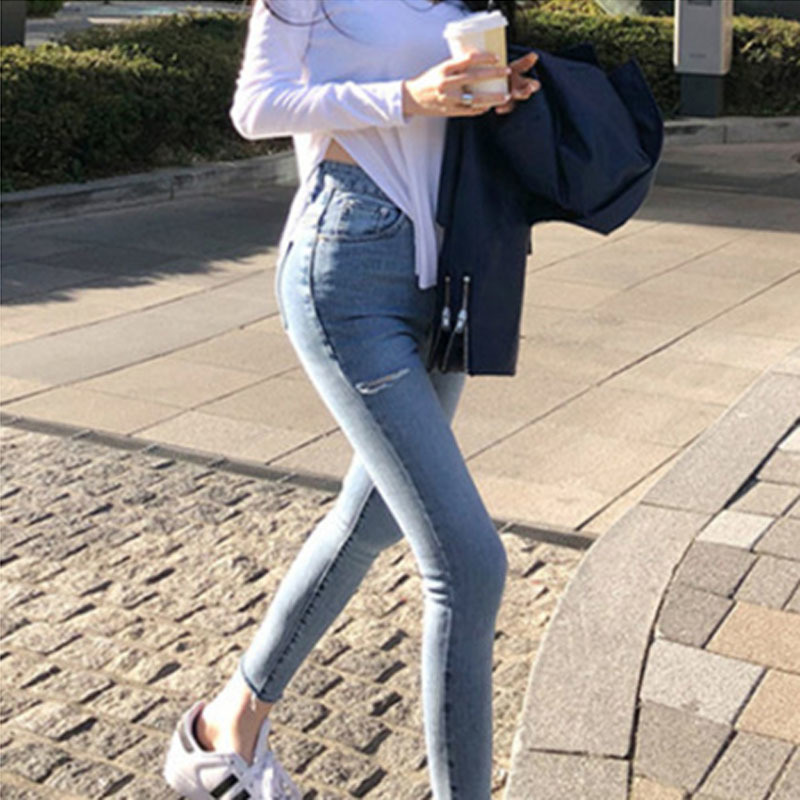 Light Blue Denim fashion Autumn Skinny High Waist Casual Ripped Jeans for Women Pencil Pants Mujer 10406 210417