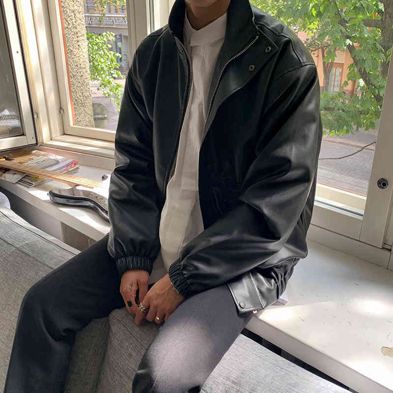 IEFB Spring Korean Fashion Loose PU Leather Men's Motorcycle Suit Pilot Jacket Zipper Stand Collar Short Coat Black 9Y5266 210524