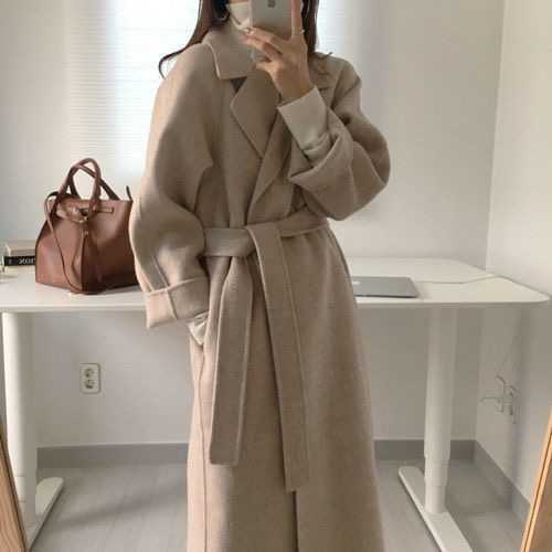 Autumn Winter Women Woolen Coat with Belt Long Sleeve Turn Down Collar Warm Plus Size Manteau Femme Casual Ladies Jacket 210820