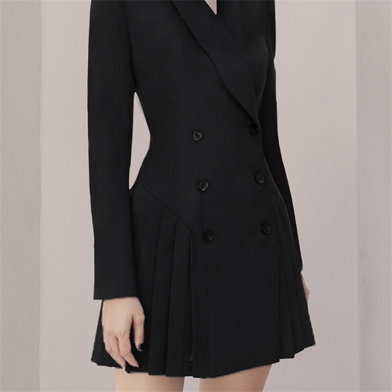 Double-breasted Notched Korea Dress Women Spring Black Pleated Dresses OL Slim Work Wear Vestidos 210520