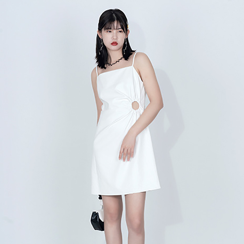 Simple PU Leather Dress Women's Summer Spaghetti Strap Hollow Waist white Mini Dresses Female Fashion 5C958 210427