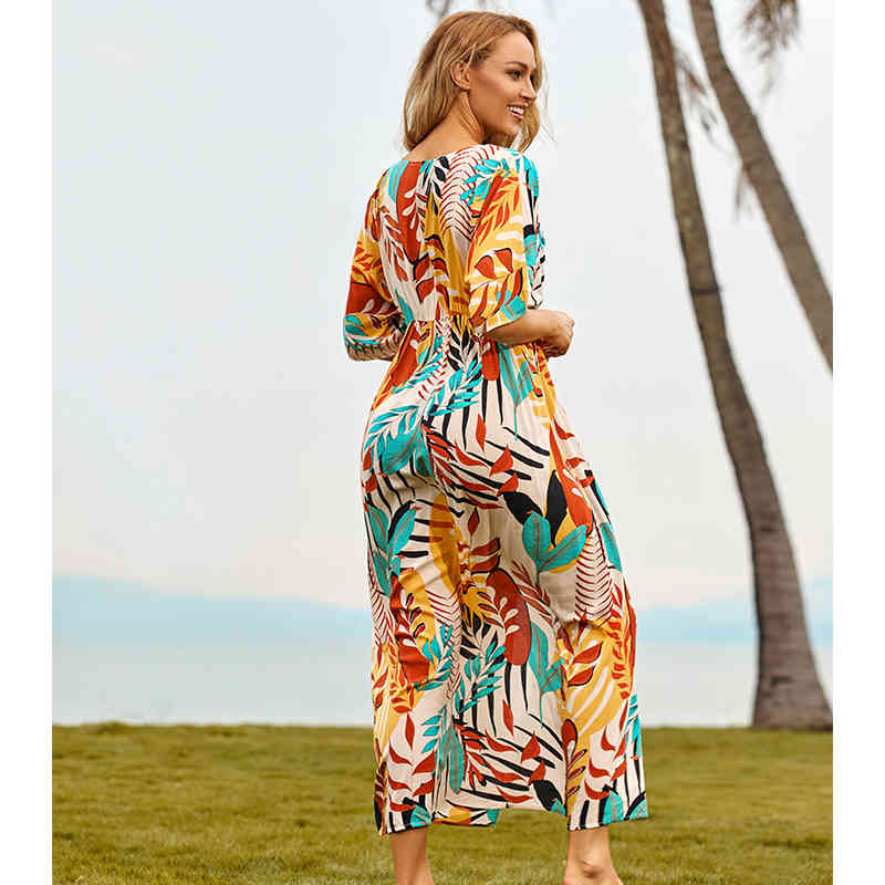 Sexy Bikini Cover-ups Cotton Tunic Boho Printed Summer Wrap Dress Elegant Women Plus Size Beach Wear Swim Suit Cover Up Q1112 210420