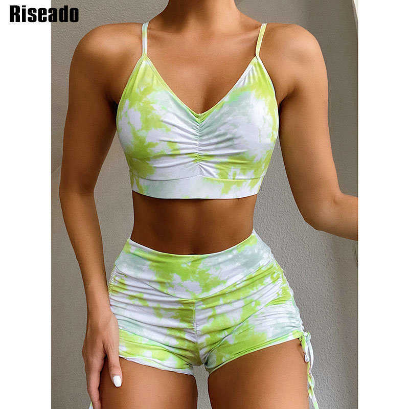 Riseado Sexy Bikini Set Tie Dye High Waisted Swimsuits Push Up Swimwear Women Ruched Drawstring Bathing Suit Boyleg Summer 210611