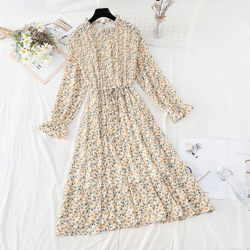 Spring Summer Pleated Chiffon Dress Women Elegant Lotus Leaf Collar Long Sleeve Floral Long Dress Loose Party Vestidos 210521