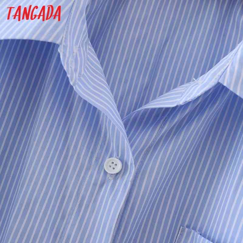 Women Striped Print Loose Shirt Pocket Long Sleeve Chic Female Casual Tops Blusas 3A43 210416