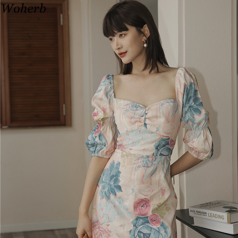 Square Collar Mini Dresses Woman Vintage Puff Sleeve Slim Dress Summer All Match Floral Print Robe Elegante Vestidos 210422