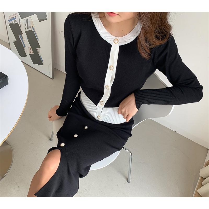 Spring Autumn Sweater Two Piece Set Fashion Women Black white Hit color Knitted Cardigan Coat+Single Breasted Midi Pencil Skirt 210519