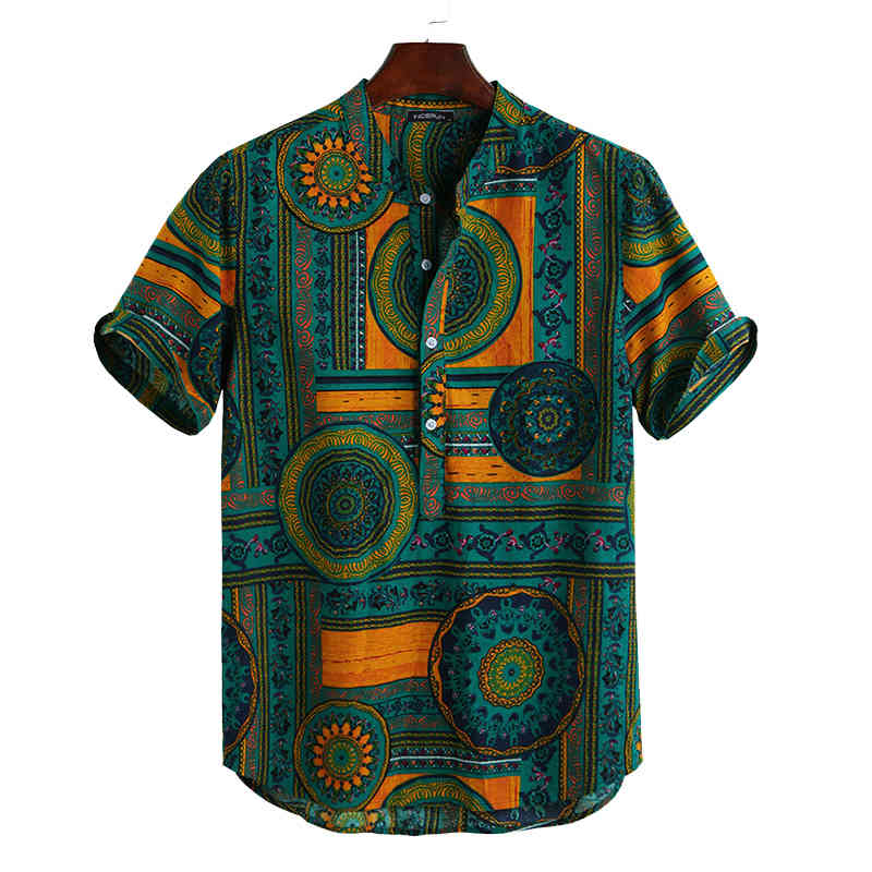 New Cotton Men's Shirt Ethnic Print Vintage Short Sleeve Streetwear Tops Tess Loose Male Beachwear Holiday Hawaiian Shirts 210410