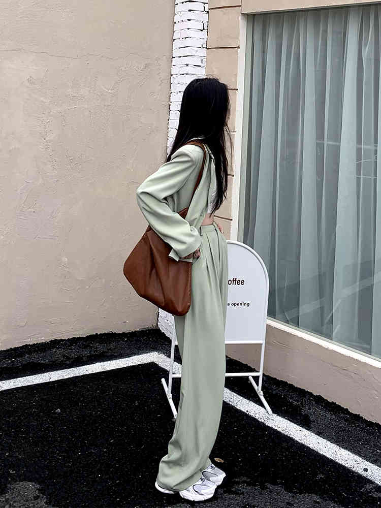 Spring Two-piece Women Suit Mint Blazer Wide Leg Pants Set Blazers Jackets Trouser office woman suits 210510