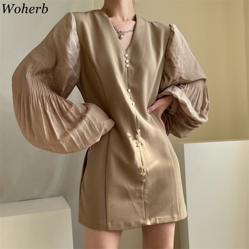 Spring Korean Chic V-neck Women Dresses Elegant Lantern Sleeve Solid Vestidos Vintage Patchwork Loose Femme Robe 210519