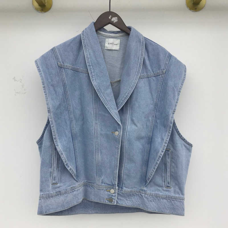 [EWQ] Korea Chic Summer Casual Lapel Ruffled Loose Blue Sleeveless Vest Jacket Women Trendy Ladies Clothing 16E 210819