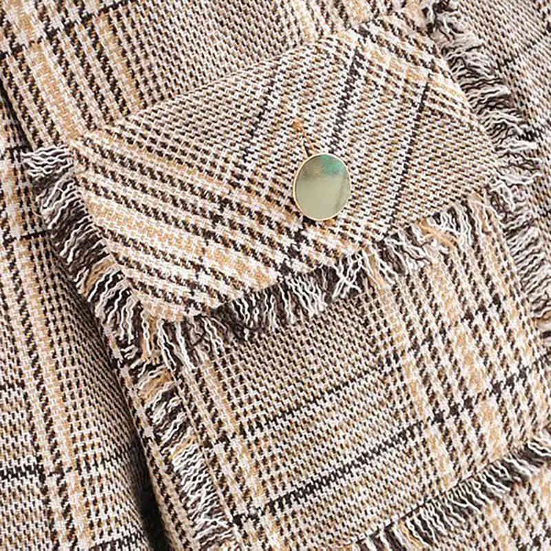Tassel Plaid Women Blazers And Jackets Winter Elegant V-neck Office Ladies Tweed Jacket Vintage Pockets Outwear Suit Blazers 210414