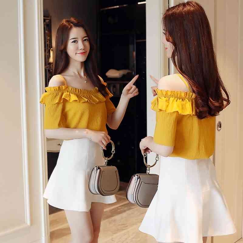 fashion sexy women' s clothing short sleeve chiffon ruffled blouse female shirt summer tops blusas D825 30 210506