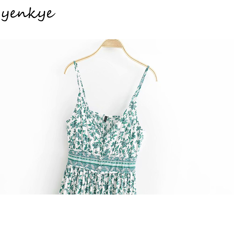 YENKYE Floral Print Holiday Sexy Sling Dress Women V Neck Sleeveless A-line Casual Long Dress Female Summer Boho Beach Robe 210515