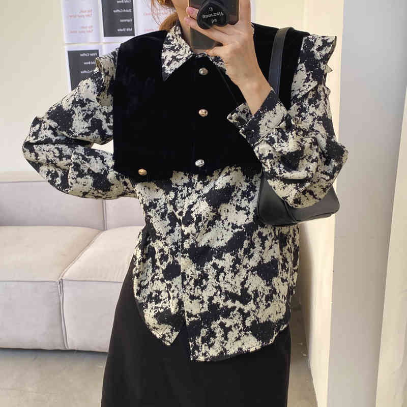 Vintage Printed Loose Fashion Lapel Retro Work Wear Blouse Brief Office Lady Chic Elegance Women Gentle Shirts 210421