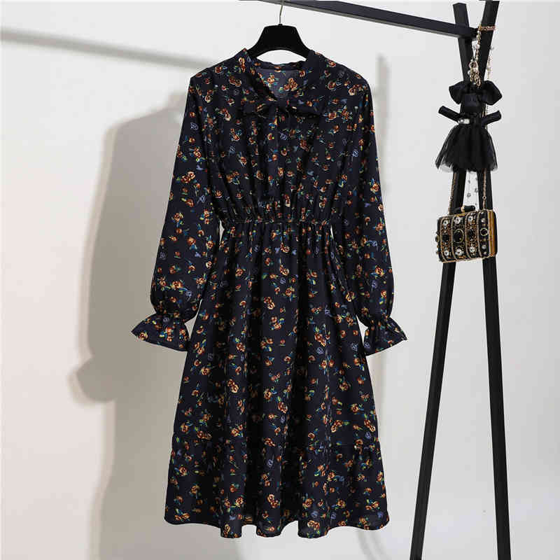 Robe Spring Long Sleeve Vintage Floral Chiffon Dress Elegant Bow High Waist Pleated Maxi Summer 8824 50 210427